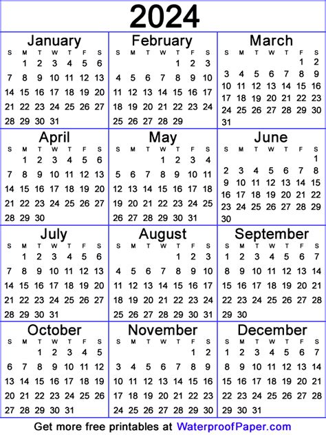 Full Year Calendar Printable One Page