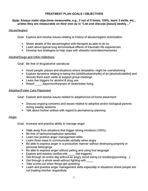 Goals And Objectives Examples TREATMENT PLAN GOALS OBJECTIVES Note