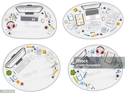 사무실 책상 작업 공간 Pc와 노트북 및 작업 오버 헤드 모양에 대 한 다양 한 문구 개체와 상단 보기 모든 요소는 개별적으로