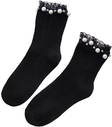 Dxfiuyio 1 Pair Women Black Ruffle Socks Faux Pearl Decor Frilly Socks For Girls