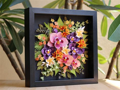 3d Paper Quilling Tropical Flowers Panel Pink And Purple Etsy Paper