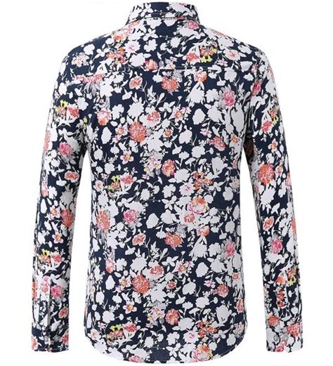 Mens Flowered Button Down Long Sleeve Casual Shirt Blue White