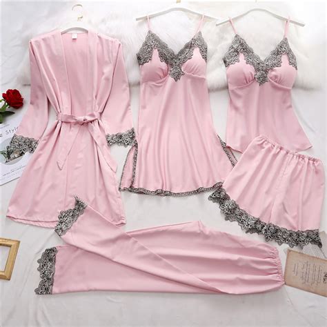 Gyujnb Womens 5pcs Silk Pajama Set Sexy Matching Satin Night Gowns Cute