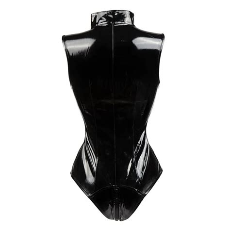 Sexy Noir Pvc Body Zipper Latex Wetlook Catsuit Gothique Faux Cuir Combinaison Femmes Fétiche