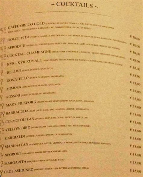 Menu At Antico Caff Greco Cafe Rome Via Dei Condotti