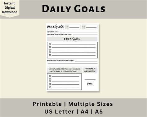 Daily Goals Printable, Goal Setting Printable, Daily Goal Sheet, Goal ...