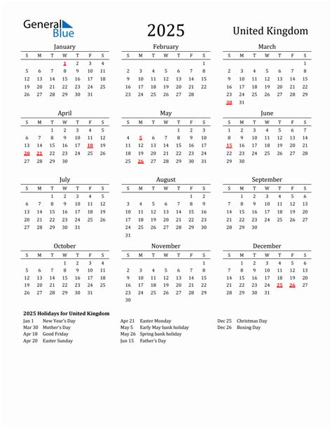 Free United Kingdom Holidays Calendar for Year 2025