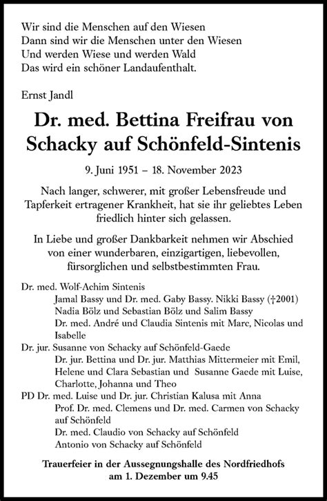 Traueranzeigen Von Bettina Freifrau Von Schacky Auf Sch Nfeld Sintenis