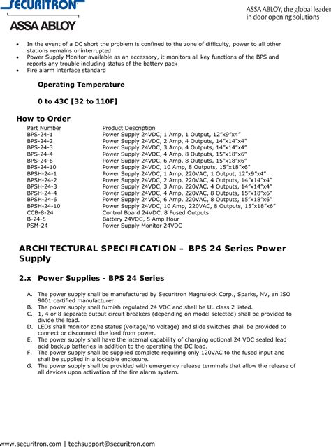 Securitron Bps 24new 24 Architectural Specifications Spec