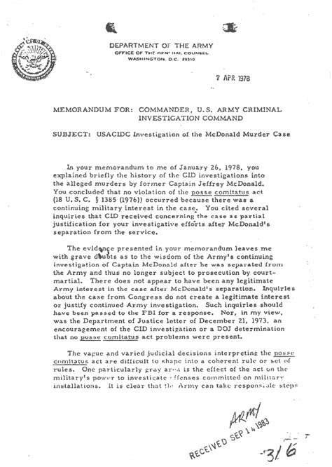 Jeffrey Macdonald Murder Case Army Memo Re Investigation Jeffrey Macdonald Case