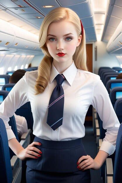 A Beautiful Woman In Flight Attendant Uniform With Shirt And Tie Is