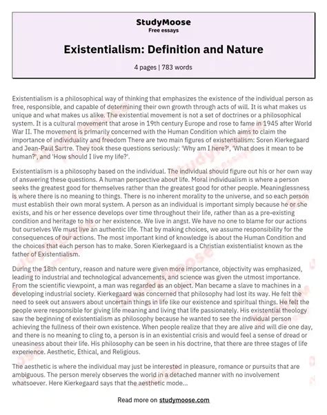 Existentialism Definition And Nature Free Essay Example