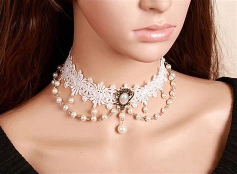 White Lace Choker Necklace With Pearls Victorian Inspired White Lace