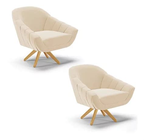 Kit 02 Sillones Giratorios De Gamuza Giovana Con Base De Madera Beige