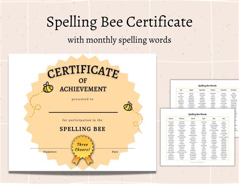 Spelling Bee Certificate With Monthly Spelling Words Senior Spelling