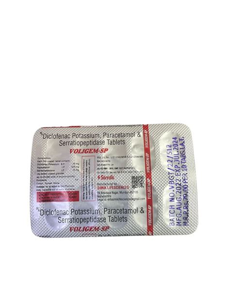 Voligem Sp Tab Diclofenac Potassium 50mg Para 325mg Serratiopeptidase 10mg 375mg At Rs 1580