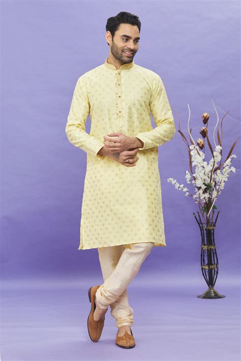 Buy Yellow Kurta Jacquard Banarasi Silk Pintucks Geometric Patterned