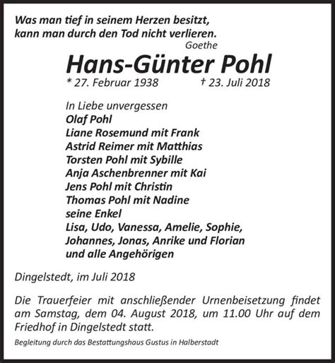 Traueranzeigen Von Hans G Nter Pohl Abschied Nehmen De