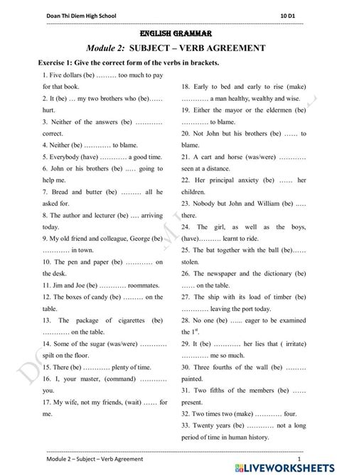 Module 2 Subject Verb Agreement Worksheet Live Worksheets