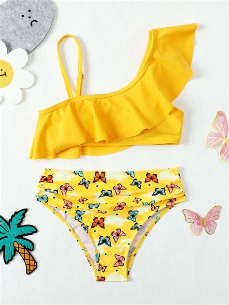 Girls Butterfly Print Ruffle Trim Bikini Swimsuit SHEIN USA