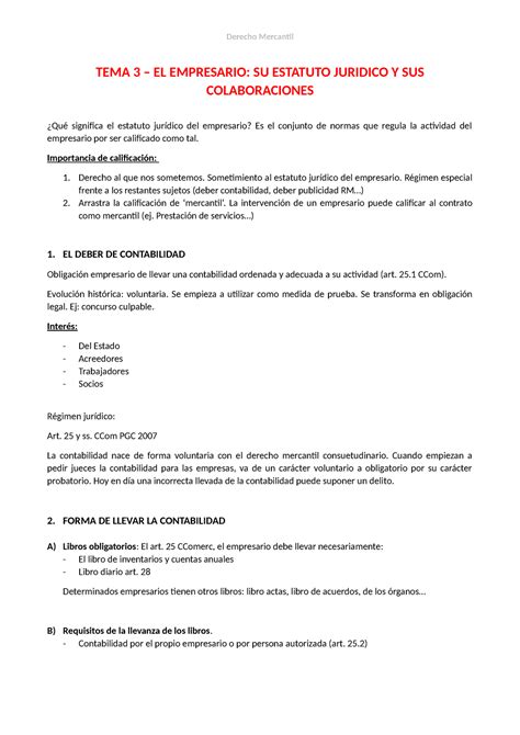 TEMA 3 Derecho Mercantil TEMA 3 EL EMPRESARIO SU ESTATUTO JURIDICO