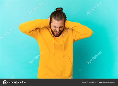Young Man Long Hair Look Covering Ears Hands — Stock Photo
