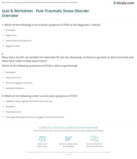 Quiz Worksheet Post Traumatic Stress Disorder Overview Study