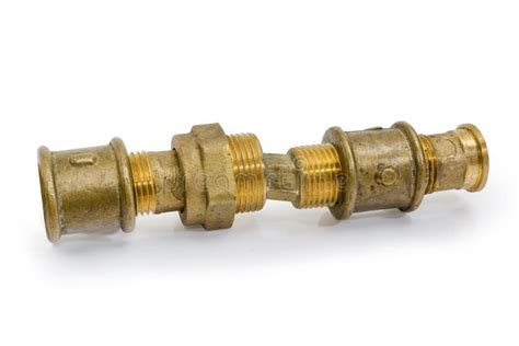 Different Brass Threaded Plumbing Components Connected Together Stock