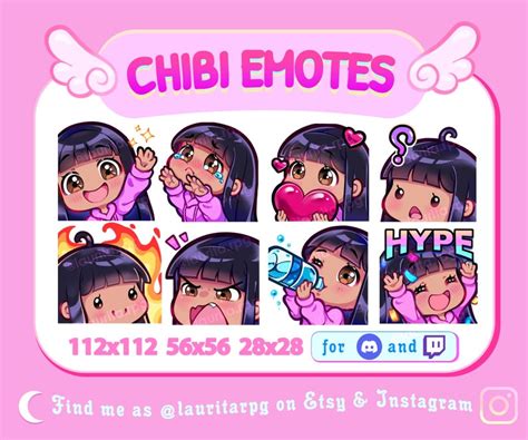 Cute Chibi Girl Emote Pack For Twitch Straight Black Hair Etsy