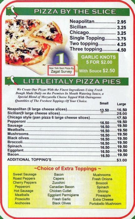 Menu at Little Italy Pizza pizzeria, New York City, 11 Park Pl