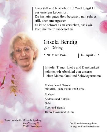 Traueranzeigen Von Gisela Bendig Trauer Kreiszeitung De