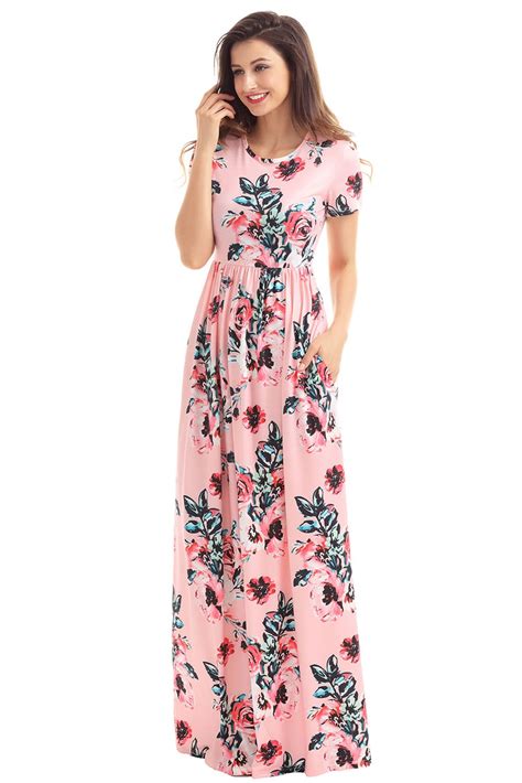 Pocket Design Short Sleeve Pink Floral Maxi Dress Floral Print Dress