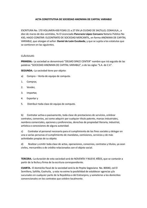 Ejemplo Acta Constitutiva Sociedad Mercantil Word ACTA CONSTITUTIVA