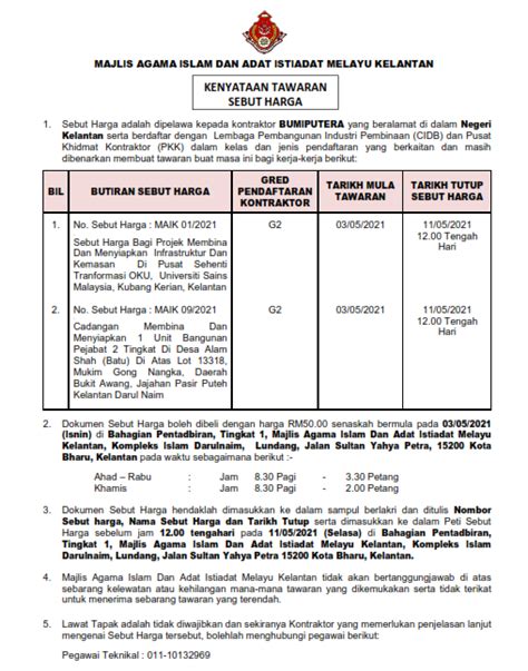 Kenyataan Tawaran Sebut Harga Mei 2021
