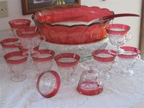 Indiana Glass Lexington Cranberry Fired Punch Bowl Set