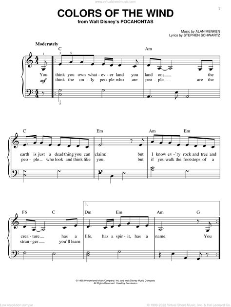 Williams Colors Of The Wind From Pocahontas Easy From Pocahontas Sheet Music For Piano Solo