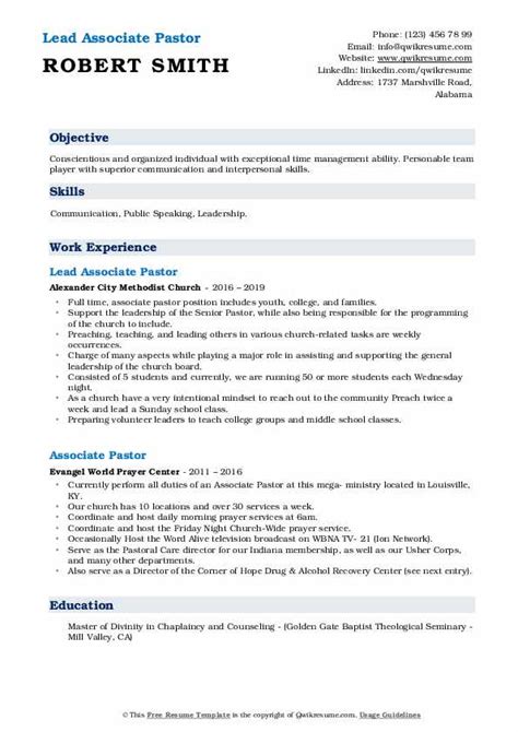 Associate Pastor Resume Samples Qwikresume