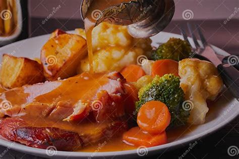 Roast Gammon Dinner With Gravy Stock Image Image Of Protein Nutrients 233738163