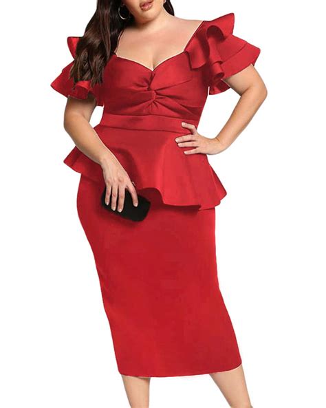 Lalagen Womens Plus Size Ruffle Sleeve Peplum Cocktail Party Pencil Midi Dress