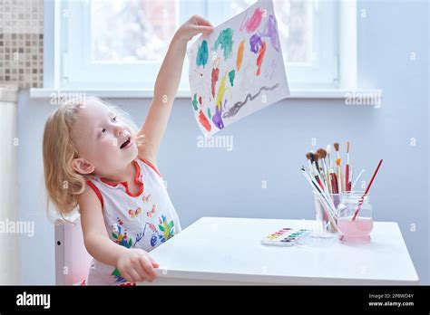 Todler Is Proud Of His Drawing Kindergarten Stock Photo Alamy