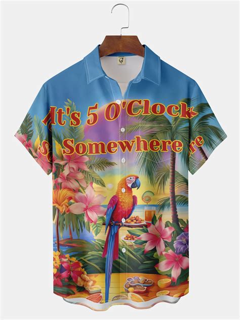 Moisture Wicking Clock Parrot Chest Pocket Hawaiian Shirt Hardaddy