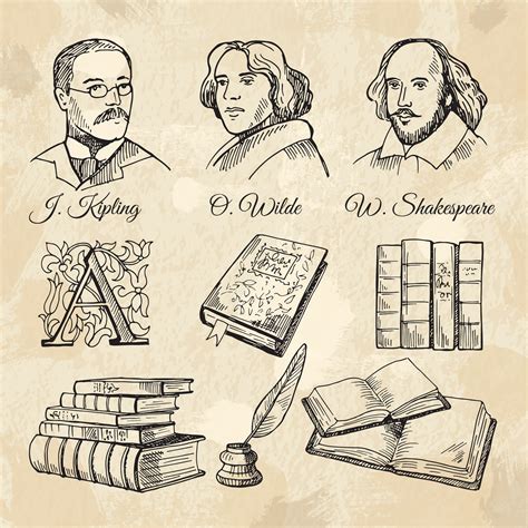 Английские знаменитые писатели и разные книги | Премиум векторы