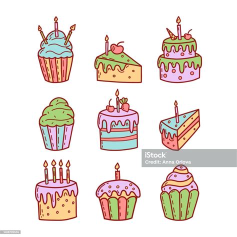 Set Of Cute Cupcakes Cakes And Muffins Flat Vector Illustration Stock