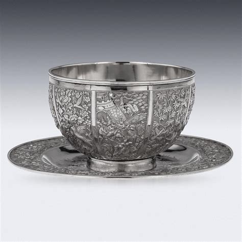 19th Century Chinese Export Solid Silver Finger Bowl And Plate Wang