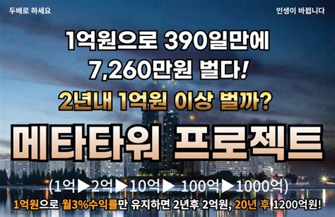 두배로의 메타타워는 1억원으로 1년에 4258만원 2년에 1억원을 버는 것이 목표입니다 그런데 벌써 최소 7350만원을