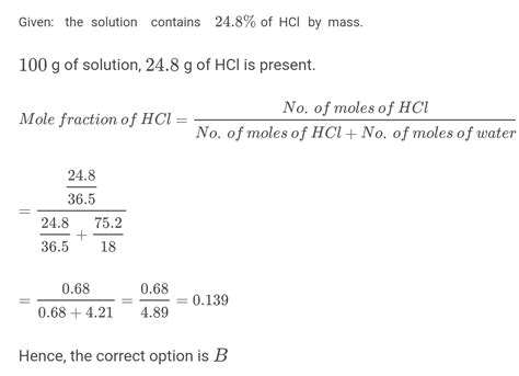 Calculate Mole Fraction Of Hu In Solution Of Hcl Containing Of