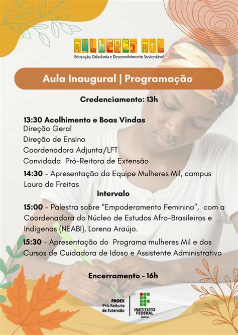 Programação da aula inaugural do Programa Mulheres Mil IFBA