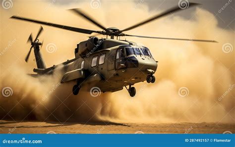 Black Hawk Helicopter Takes Off In Thick Clouds Stock Illustration