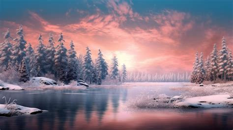 Premium Ai Image A Serene Winter Landscape With A Frozen Lake And Sn