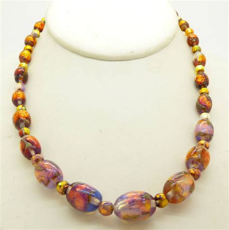 Vintage Venetian Murano Art Deco Opalescent Foil Glass Bead Necklace Vintage Lane Jewelry